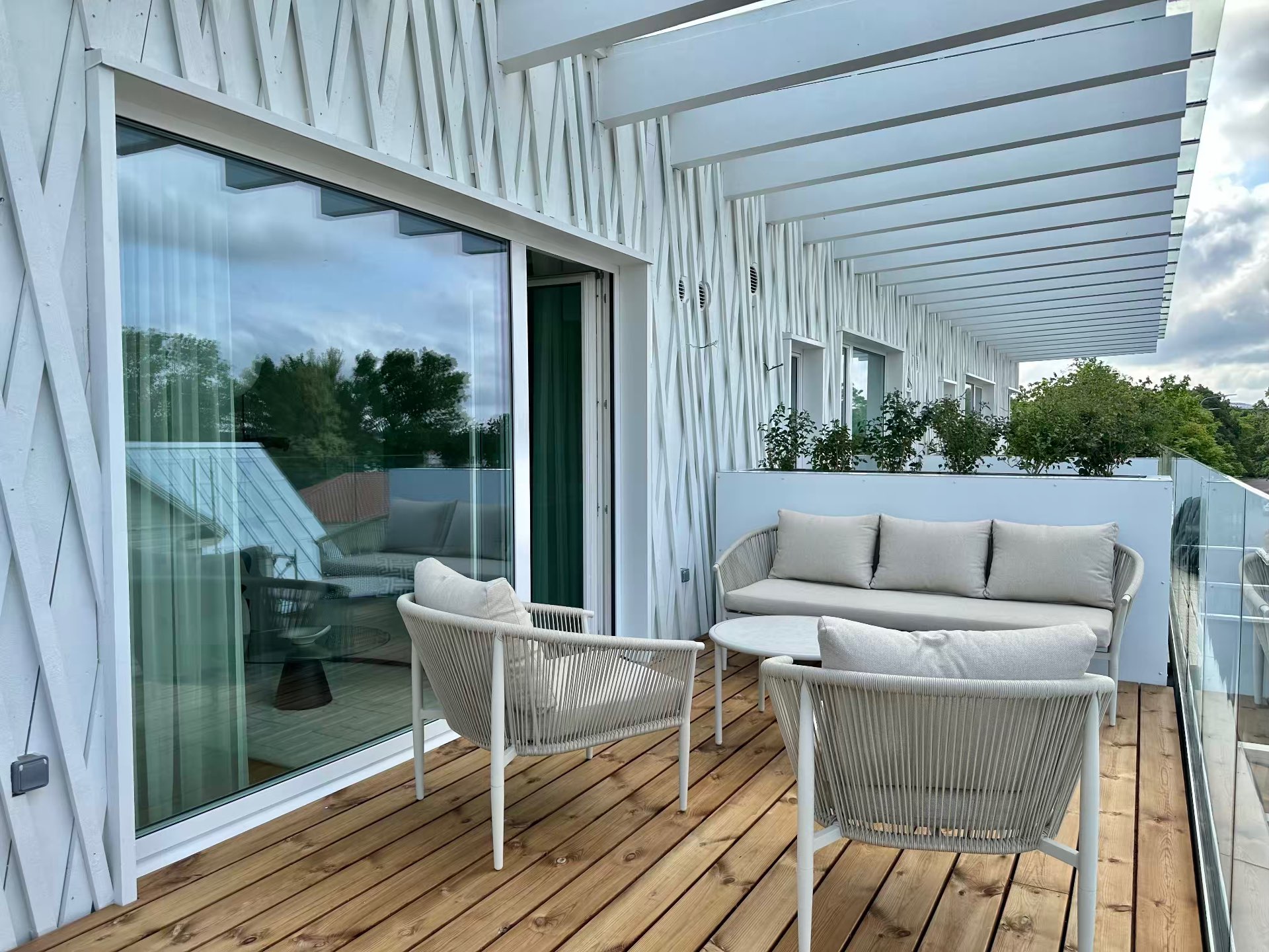 The west terrace seen from the sliding door of the living room